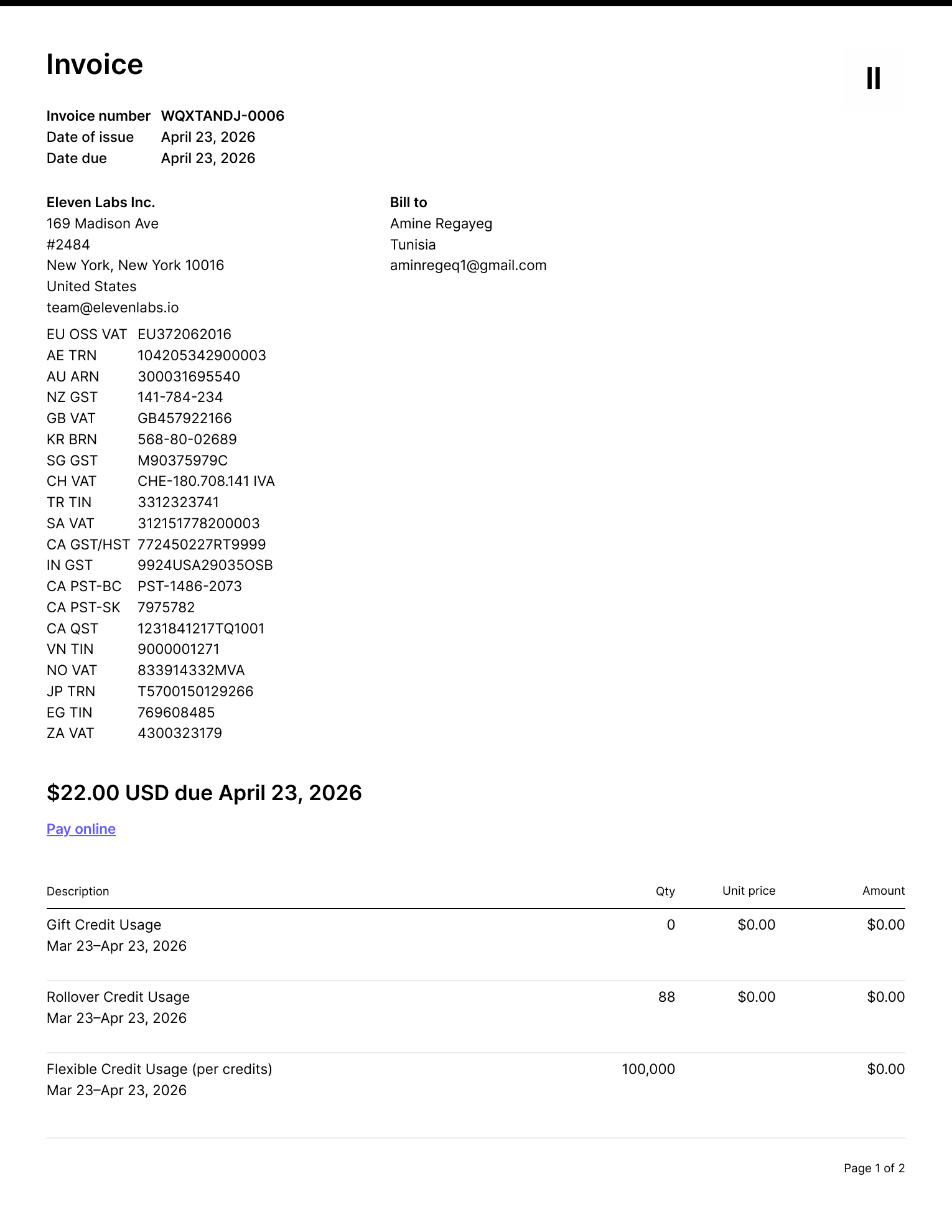 ElevenLabs invoice